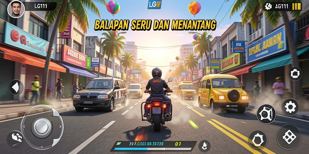 Tangkapan layar utama menunjukkan aksi balapan seru di LG111.