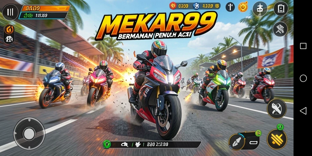 Tampilan gameplay balap motor yang mendebarkan di MEKAR99.