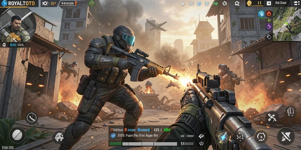 Tampilan gameplay intense dalam ROYALTOTO menampilkan aksi FPS yang memukau.