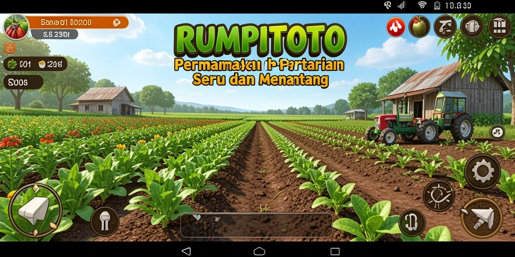 Screenshot utama RUMPITOTO menampilkan pemain saat bertani dengan grafis yang indah.