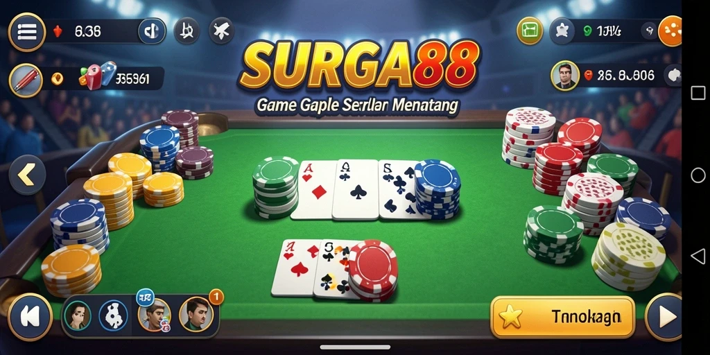 Tampilan gameplay seru dalam SURGA88 menampilkan suasana Gaple yang menyenangkan.